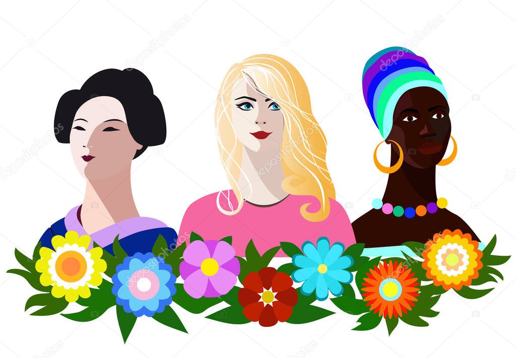 Three women of different races - Asian, European and Black with decorative flowers isolated on a white background.