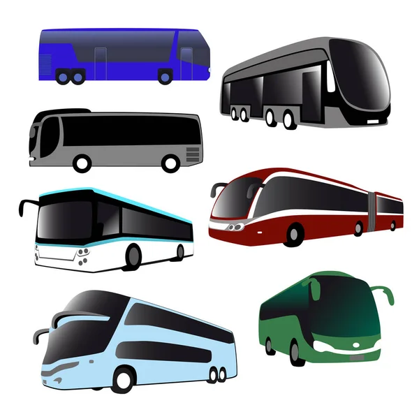 Ensemble Sept Bus Différents Isolés Sur Fond Blanc Icônes Bus — Image vectorielle
