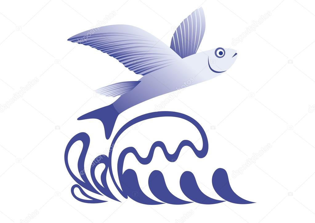 Flying fish soared over stylized wave isolated over white.