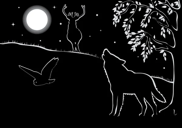 Night landscape with animals — Stock Vector