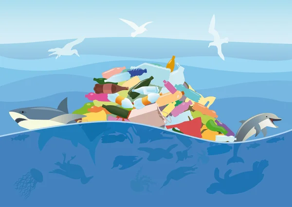 Mortalities of marine animals and birds of plastic trash — Stock Vector