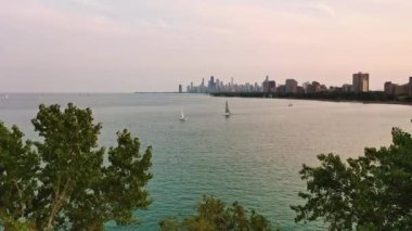 Şikago 'nun gökdelenini gören inanılmaz bir hava manzarası var. İki yeşil yapraklı ağaç arasında uçan yelkenliler Michigan Gölü' nün sularından geçerken ufukta yükselen binalar görünüyor..