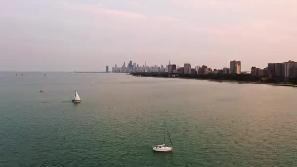 Légi Panoráma Vitorlások Úszó Egy Nyugodt Michigan Naplemente Előtt Chicagói — Stock videók