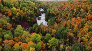 Patates Nehri 'nin üzerinde uçan hava ve renkli sonbahar ağacı yaprakları. Aşağı ve yukarı Patates Şelalesi şelalelerine ve kırmızı çamur eğimli kayalıklara bakan bir manzara..