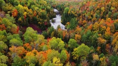 Patates Nehri 'nin üzerinde uçan havada güzel bir dönüş ve aşağı ve yukarı Patates Nehri Şelaleleri' ne ve kırmızı eğimli kayalıklara bakan renkli bir sonbahar ağacı yeşilliği..