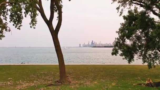 Σικάγο Σεπτεμβρίου 2020 Άνθρωποι Κάθονται Κατά Μήκος Της Λίμνης Κοντά — Αρχείο Βίντεο