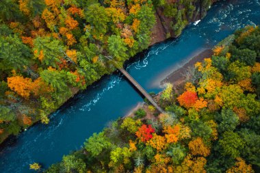 Güzel seyahat ya da turizm tarzı Copper Falls Parkı 'ndaki Bad River nehri boyunca uzanan yaya köprüsüne bakın. Sonbaharda Mellen, Wisconsin' de nehir kıyısında renkli yapraklar asılıyor..