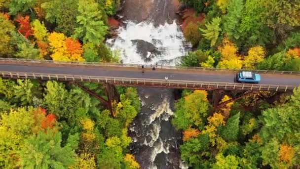 2020年9月29日 観光客が木々の森に囲まれた下の景勝地の滝をチェックするように Suvは オンタゴン川を横断放棄された鉄道橋の上に座っています — ストック動画