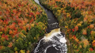Havadan aşağıya güzel bir bakış geliyor Tahquamenon şelalesinden şelaleye doğru çekiliyor ve aşağıdaki turist izleme platformu yemyeşil ağaçlar ve sonbahar yaprakları ile çevrili..