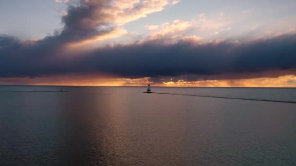 Beautiful Pulling Out Sunset Aerial White Colored Ludington Breakwater Lighthouse — Stock Video
