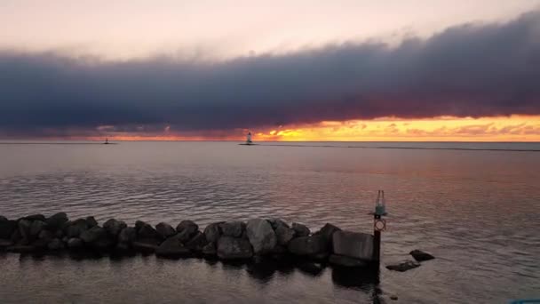 Beautiful Sunset Aerial Flying Low Stone Breakwater Wall Ludington Breakwater — Vídeos de Stock