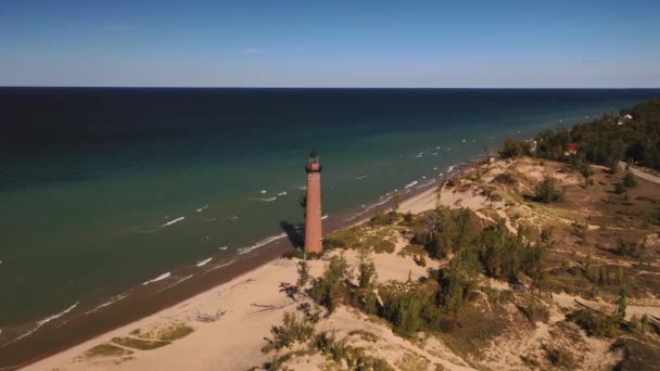 Beautiful Aerial View Circling Little Sable Lighthouse Shoreline Lake Michigan — Stock Video