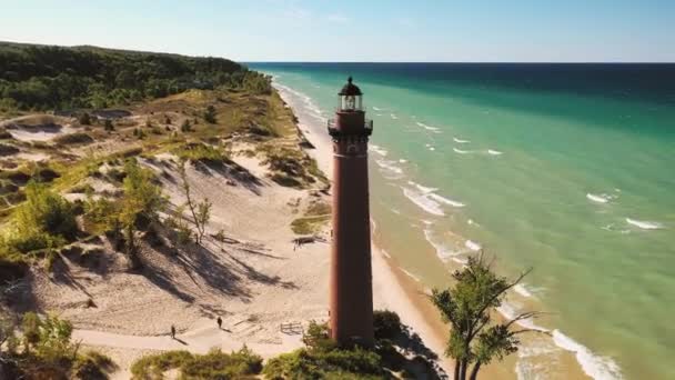 Beautiful Aerial View Circling Little Sable Lighthouse Shoreline Lake Michigan — Stock Video