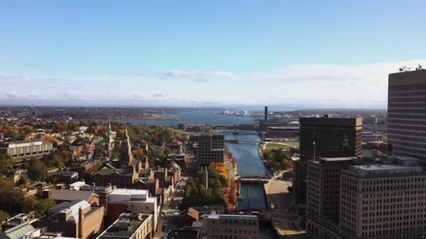 Aerial Fly High Rise Buildings Moshassuck Providence Rivers Downtown Providence — Stock Video