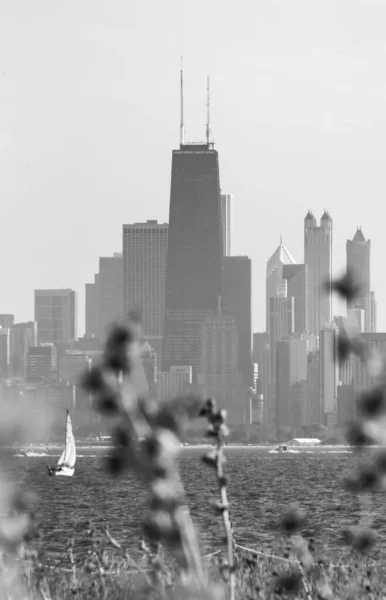 Μια Ασπρόμαυρη Φωτογραφία Του Ορίζοντα Του Σικάγο Ιστιοφόρο Στο Νερό — Φωτογραφία Αρχείου