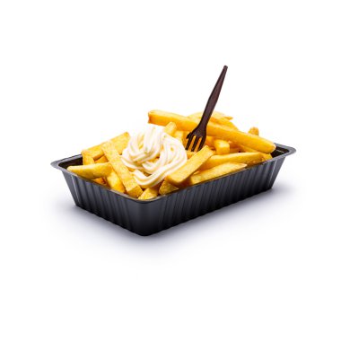Belgian fries with mayonnaise and fork clipart