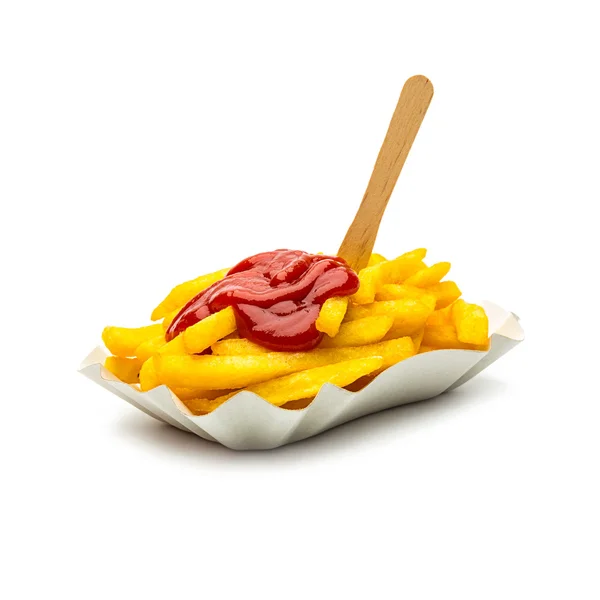 French fries with ketchup on white — Stock Photo, Image