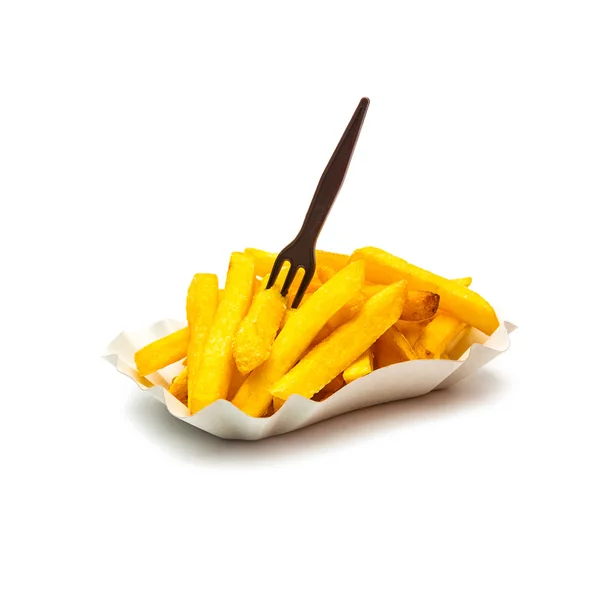 Pommes frites i en skal med gaffel — Stockfoto