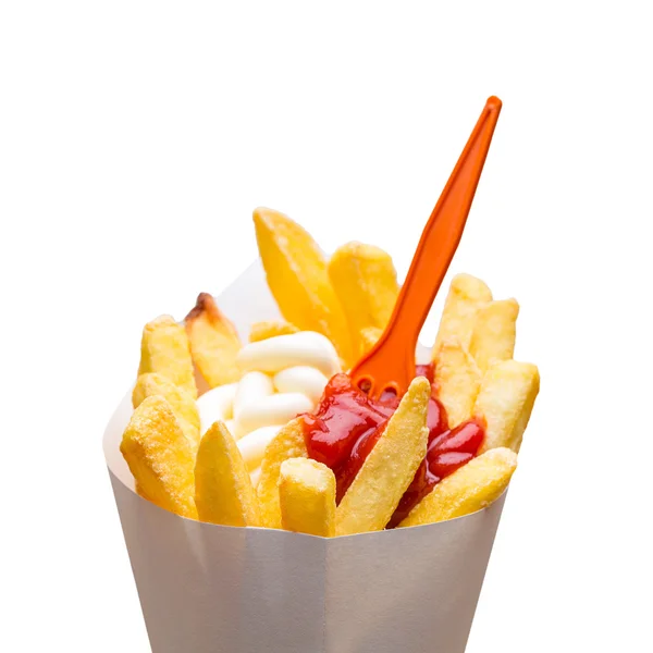 French fries bag with mayonnaise and ketchup — Stock Photo, Image