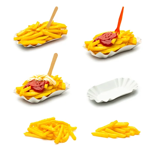 Pommes frites potatis med sås collage set — Stockfoto