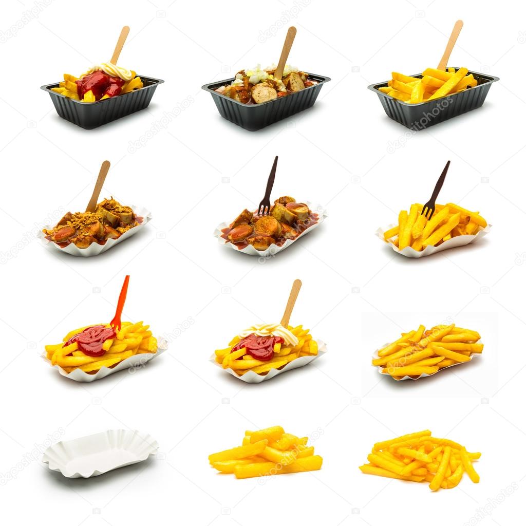 currywurst and french fries set collage 