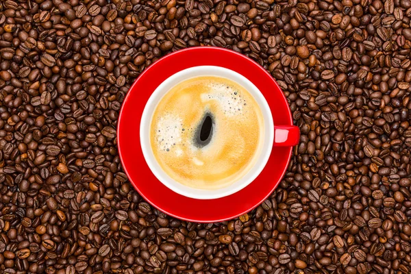 Coffee cup on brown beans — Stock Photo, Image