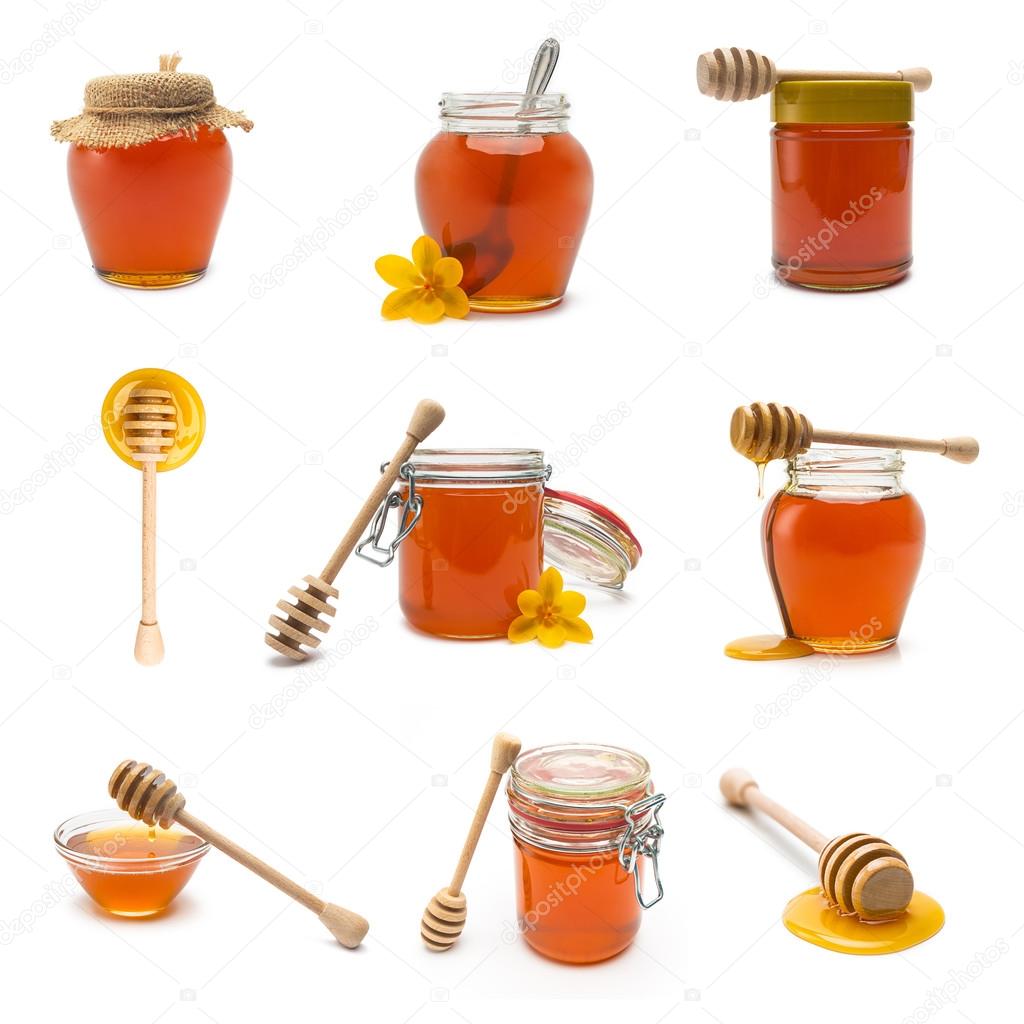 Honey pot and honey dipper set collage Stock Photo by ©rclassenlayouts