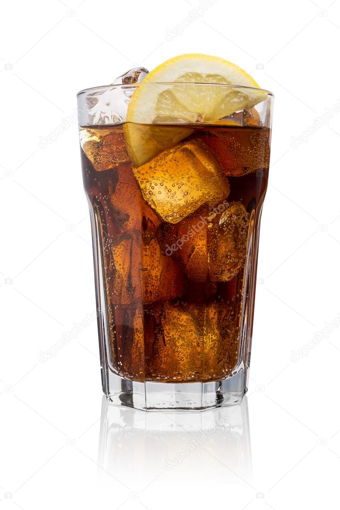 glass cola with ice and lemon