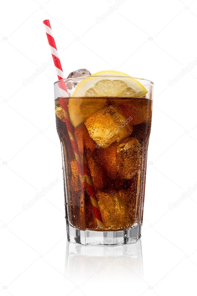 Cola glass with ice cubes and straw