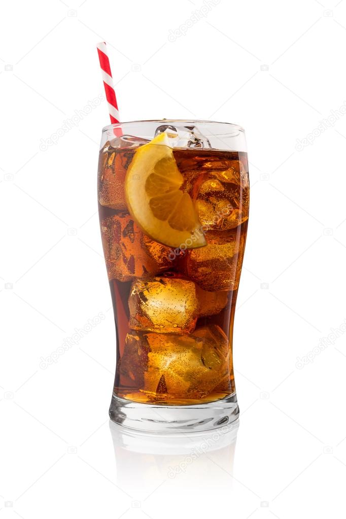 glass of cola with ice and straw