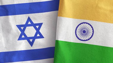 Hindistan ve İsrail 'in iki bayrağı tekstil kumaşı 3D.