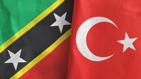 Turquia e São Cristóvão e Nevis duas bandeiras de pano têxtil 3D renderização — Fotografia de Stock