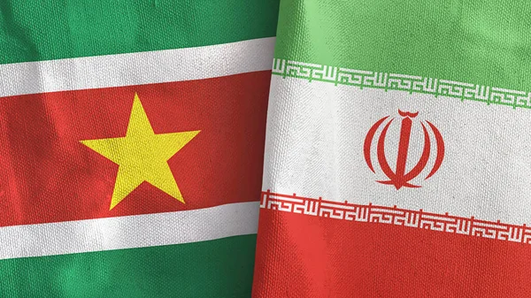 Iran and Suriname two flags textile cloth 3D rendering — Stock Photo, Image