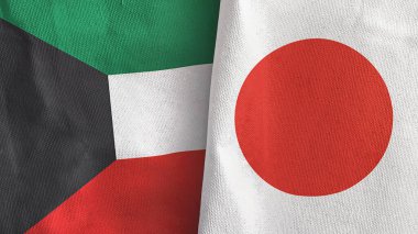 Japonya ve Kuveyt iki bayraklı tekstil kumaşı 3D