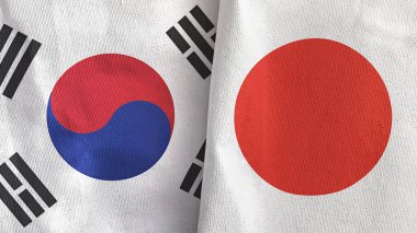 Japonya ve Güney Kore 'de iki bayraklı kumaş 3D.