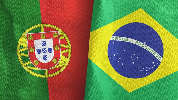 Brazilië en Portugal twee vlaggen textiel doek 3D rendering — Stockfoto