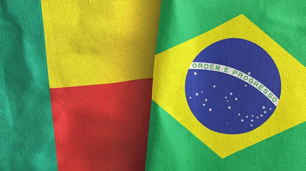 Brazilië en Benin twee vlaggen textiel doek 3D rendering — Stockfoto
