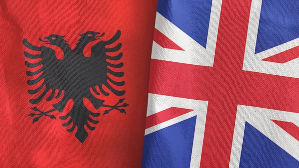 Reino Unido y Albania dos banderas de tela textil representación 3D — Foto de Stock