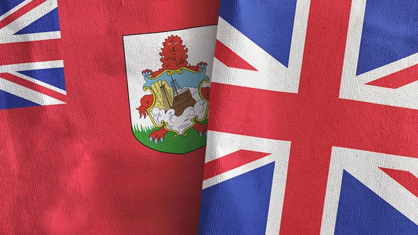 Reino Unido e Bermuda duas bandeiras de pano têxtil 3D renderização — Fotografia de Stock