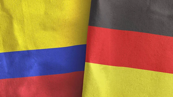 Duitsland en Colombia twee vlaggen textiel doek 3D rendering — Stockfoto