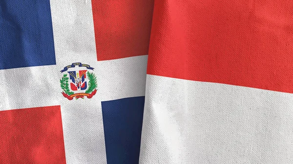 Indonesië en Dominicaanse Republiek twee vlaggen textiel doek 3D rendering — Stockfoto