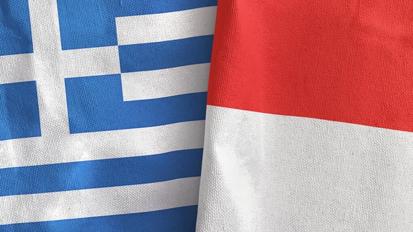Indonezja i Grecja dwie flagi tkaniny tekstylne 3D rendering — Zdjęcie stockowe