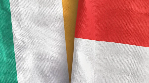Indonezja i Irlandia dwie flagi tkaniny tekstylne 3D renderowania — Zdjęcie stockowe