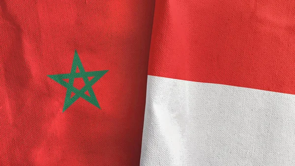 Indonesië en Marokko twee vlaggen textiel doek 3D rendering — Stockfoto