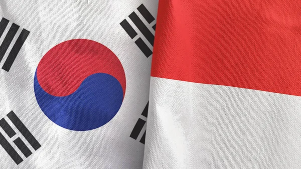 Indonesia and South Korea two flags textile cloth 3D rendering — Stock Photo, Image