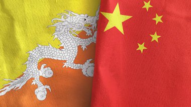 Çin ve Bhutan iki bayrak, tekstil kumaşı 3D.