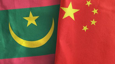 Çin ve Moritanya iki bayrak tekstil kumaşı 3D