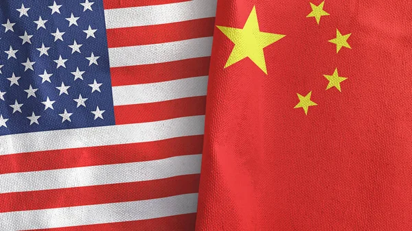 China e Estados Unidos duas bandeiras de pano têxtil 3D renderização — Fotografia de Stock