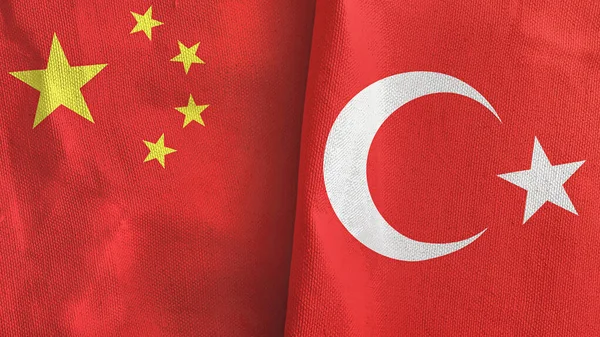 Turquia e China duas bandeiras de pano têxtil 3D renderização — Fotografia de Stock