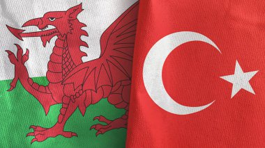 Türkiye ve Galler iki bayraklı tekstil kumaşı 3D rendeleme